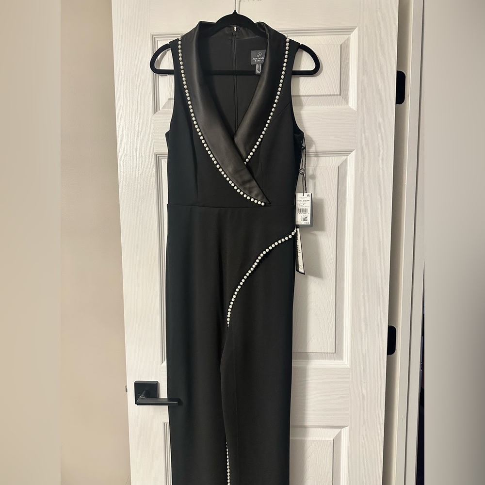 Adrianna Papell Elegant Black Jumpsuit with Pearl Detailing NWT